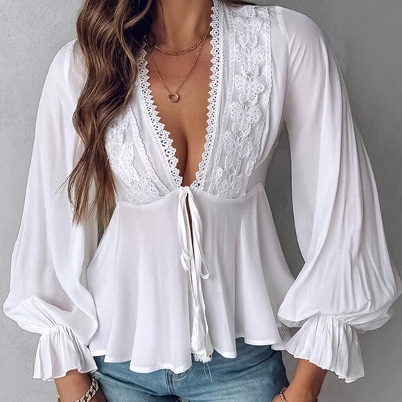White Sexy Women's Contrast Lace Long Lantern Sleeve Blouse - Picture 1 of 3